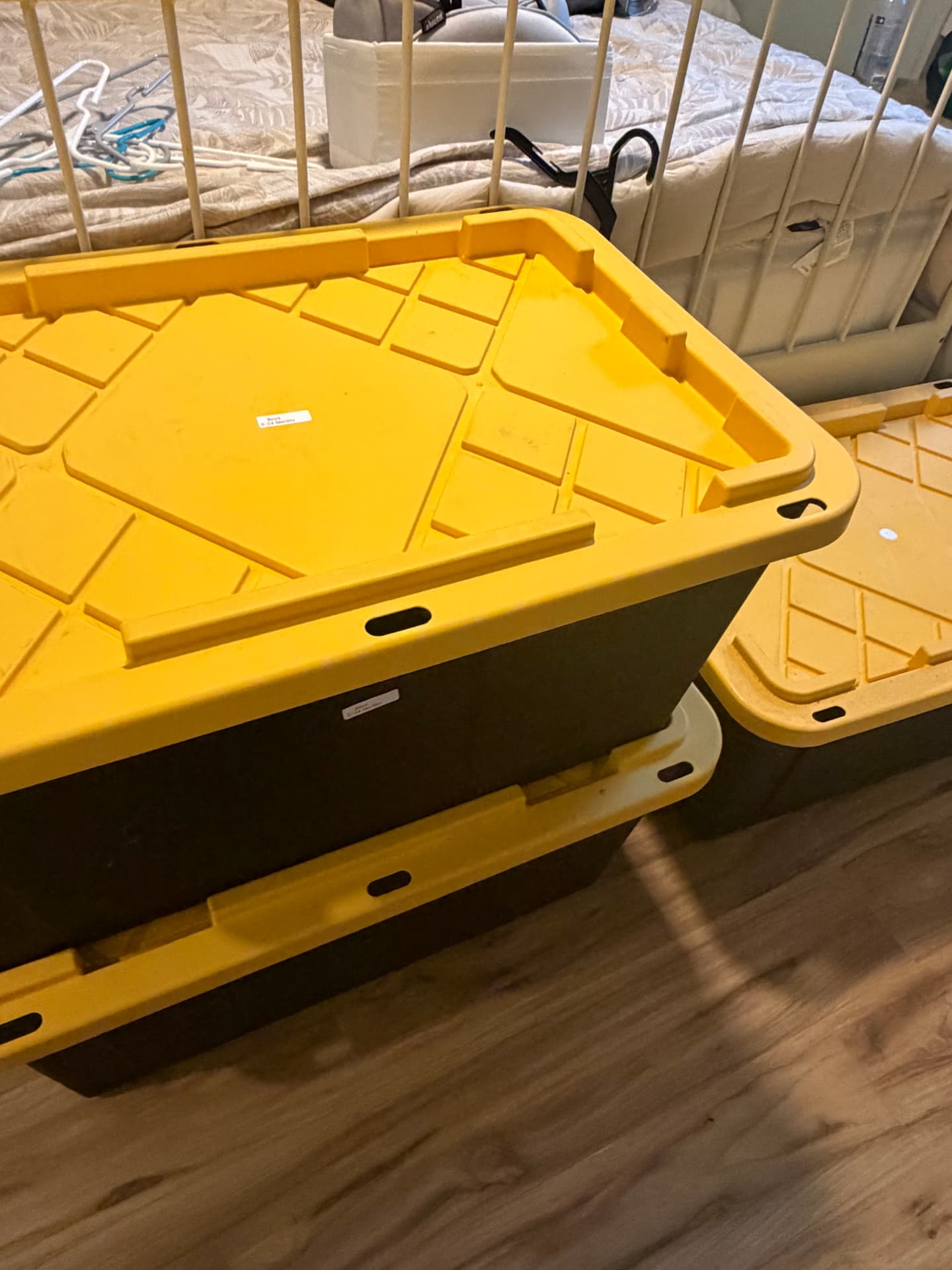 Labeled storage bins packed and ready to put away