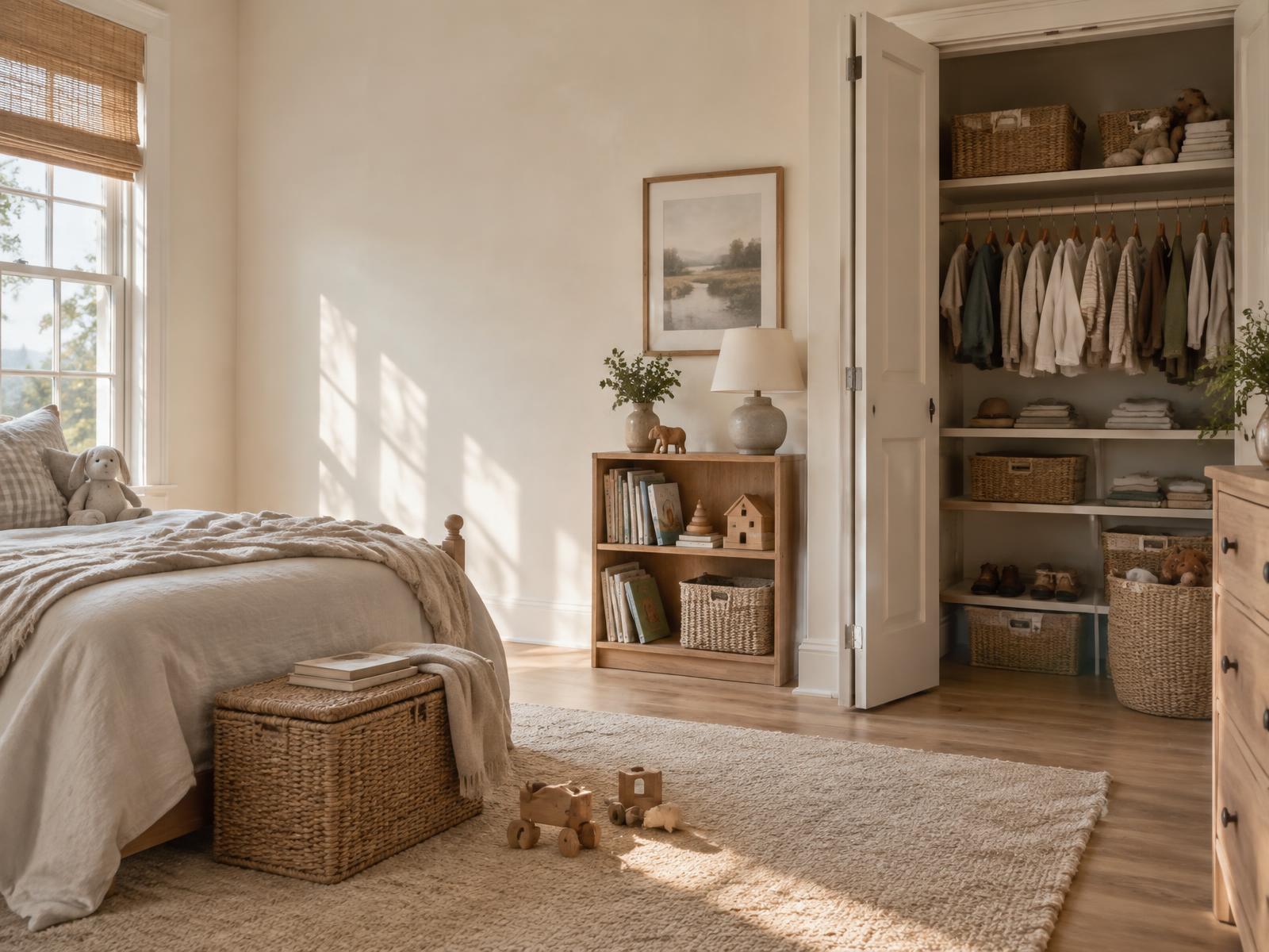 A calm, lived-in child’s bedroom with an organized closet